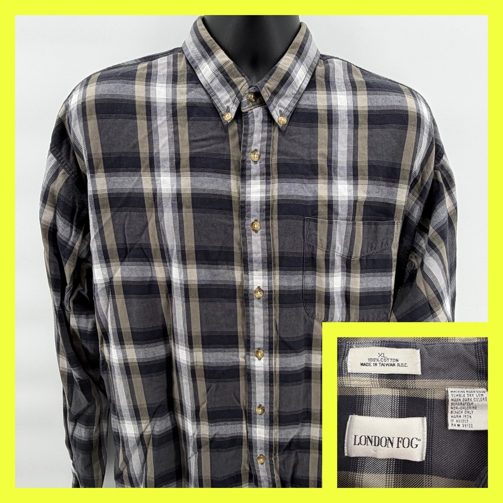 Vintage London Fog Mens XL Plaid‎ Button Down Shirt Gray Tan Cotton Long Sleeve